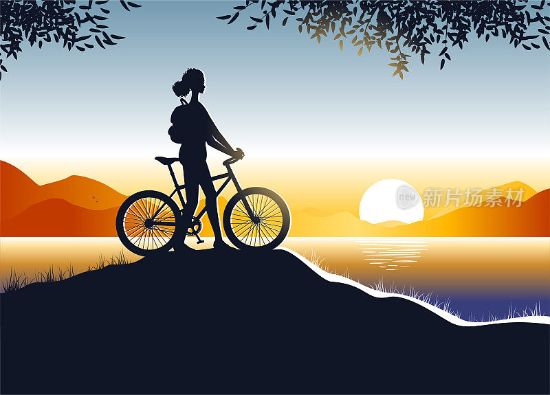 Woman with bicycle watching sunset or dawn